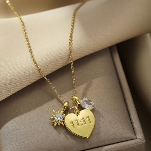 Unbranded Jewelry - 11:11 Angel Number Heart Necklace Rhinestone Charms 18K Gold Plated